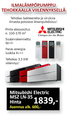 Ilmalämpöpumppu Mitsubishi Electric MSZ-LN35 huikeilla ominaisuuksilla lämmitykseen ja viilennykseen. Hinta asennettuna alk. 2439 €