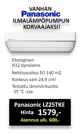 Panasonic LZ25TKE ilmalämpöpumpussa on erittäin matala sisäyksikkö joten se on helppo asentaa esim. oven yläpuolelle. Panasonic LZ25 Ilmalämpöpumpun hinta  1579€, ilmalämpöpumpun asennus alk. 600€
