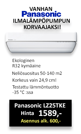 Panasonic LZ25TKE ilmalämpöpumpussa on erittäin matala sisäyksikkö joten se on helppo asentaa esim. oven yläpuolelle. Panasonic LZ25 Ilmalämpöpumpun hinta 1589€, ilmalämpöpumpun asennus alk. 600€
