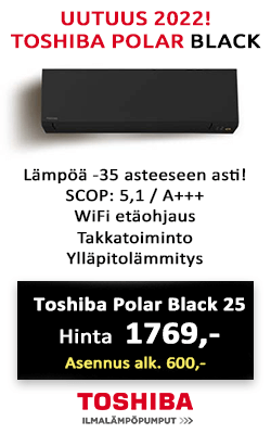 Uusi musta Toshiba Polar Black 25 ilmalämpöpumppu tuo kotiisi tehokkuutta ja tyyliä. Hinta 1769 €