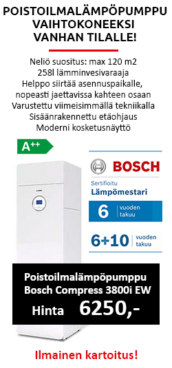 Bosch Compress 3800i EW poistoilmalämpöpumppu vaihtokoneeksi vanhan tilalle, lämpömesteritakuu 6+10 vuotta!