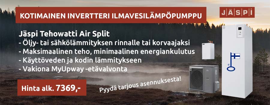 Kotimainen ilmavesilämpöpumppu Jäspi tehowatti Air Split käyttöveden ja kodin lämmitykseen. Tuntuvaa energian säästöä ympäristöystävällisesti!